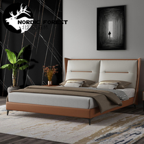 Genuine leather bed Small family type modern minimalist environmental protection sponge willful light lavish economical type solid wood frame double leather art bed