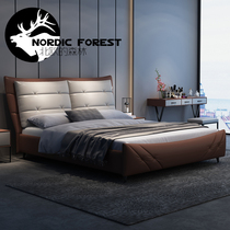  Leather bed master bedroom small apartment Nordic 1 8 meters double wedding bed 1 5 meters storage simple modern solid wood leather art