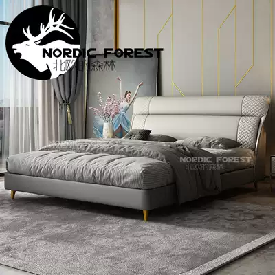 The Nordic zhen leather bed master bedroom with double bed 1 8 m light luxury minimalist wedding bed modern minimalist solid wood small bed