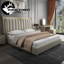 Modern light extravagant leather bed 1 m 8 double genuine leather brief Nordic solid wood 1 5 leather art bed net red small family type soft bed