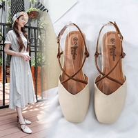 Hè 2018 xu hướng thời trang mới dày với đầu vuông retro sandal cao gót nữ quai ngang với giày bà giày sandal nữ đi học cấp 2