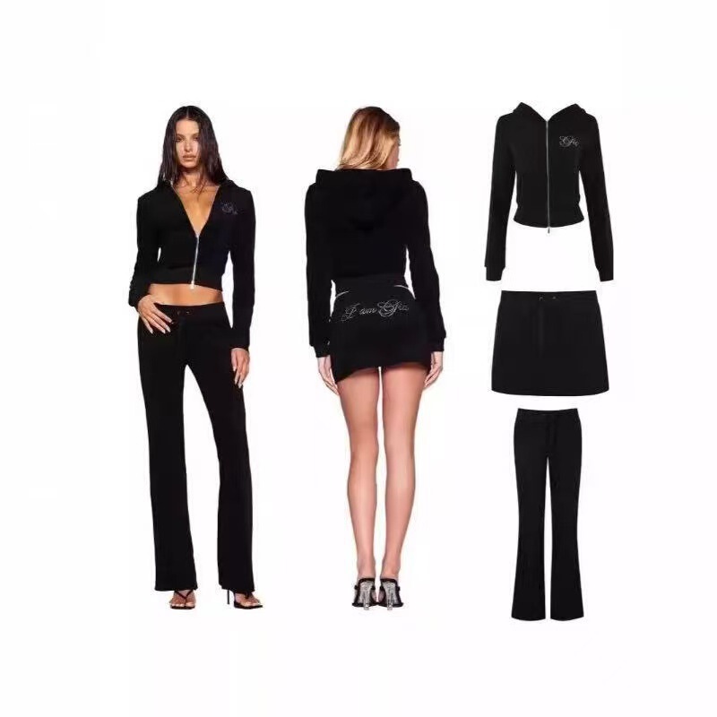 Iamgia Water Drop Rhinestone Logo Sweatshirt Zipper Jacket Drawstring Pants Short Skirt Fashion Casual Set