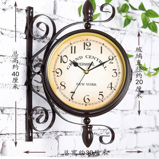 欧式铁艺双面挂钟创意美式两面挂表现代简约客厅家用钟表复古