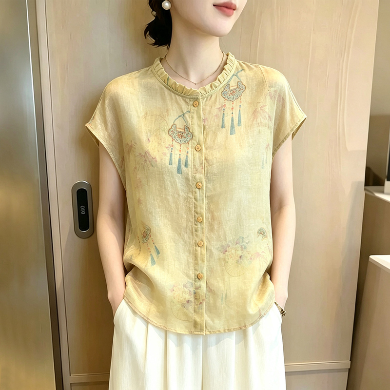 Women's Short-Sleeved Cotton and Linen Shirt with Ruffled Collar, New Summer Style, Lightweight and Breathable Ramie Blouse, Loose Fit, Slimming, Printed Top