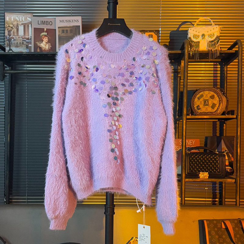 Autumn Mink Fur Beaded Light Purple Short Sweater for Women, Loose Fit, 2026 New Autumn Luxury Knitwear Autumn Mink Fur Beaded Light Purple Short Sweater for Women, Loose Fit, 2026 New Autumn Luxury Knitwear