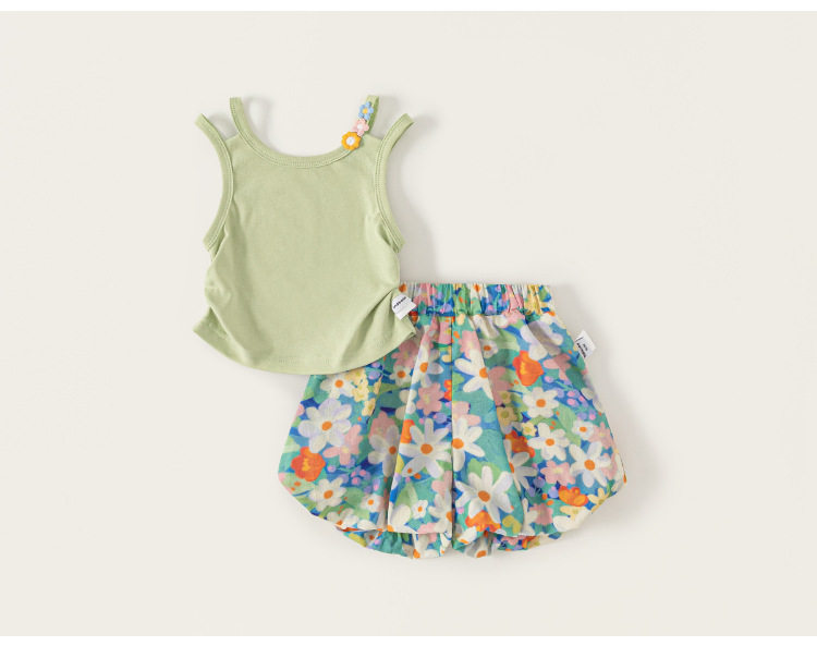 Girls' Summer Outfit: Sweet Thin Vest and Floral Bloomers, Stylish Summer Suspender Shorts for Baby Girls — 16