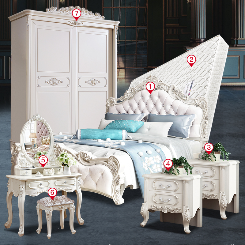 European -style bed princess bed solid wood double bed modern minimalist main bed bed white carved bed furniture set combination (21433:50753460:size:1800mm*2000mm;1627207:2566580183:Color classification:Bed+cabinet*2+mattress+makeup table+stool+wardrobe