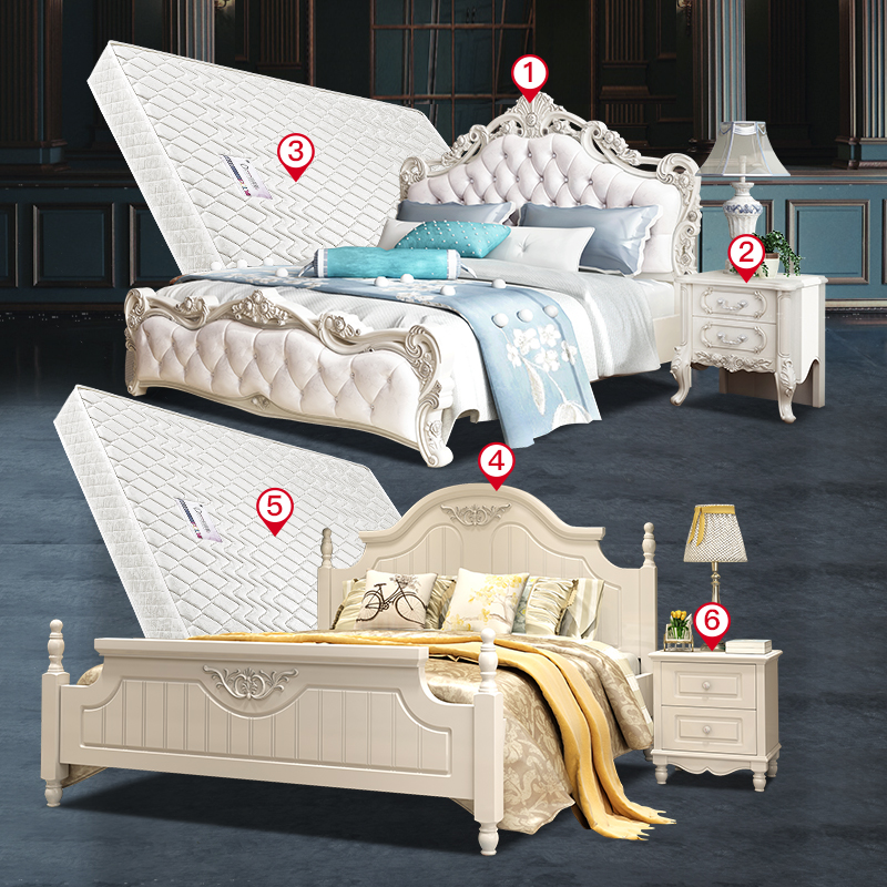 European -style bed princess bed solid wood double bed modern minimalist main bed bed white carved bed furniture set combination (21433:50753460:size:1800mm*2000mm;1627207:1332572868:Color classification:Two -bedroom set meal one now consultation to rece