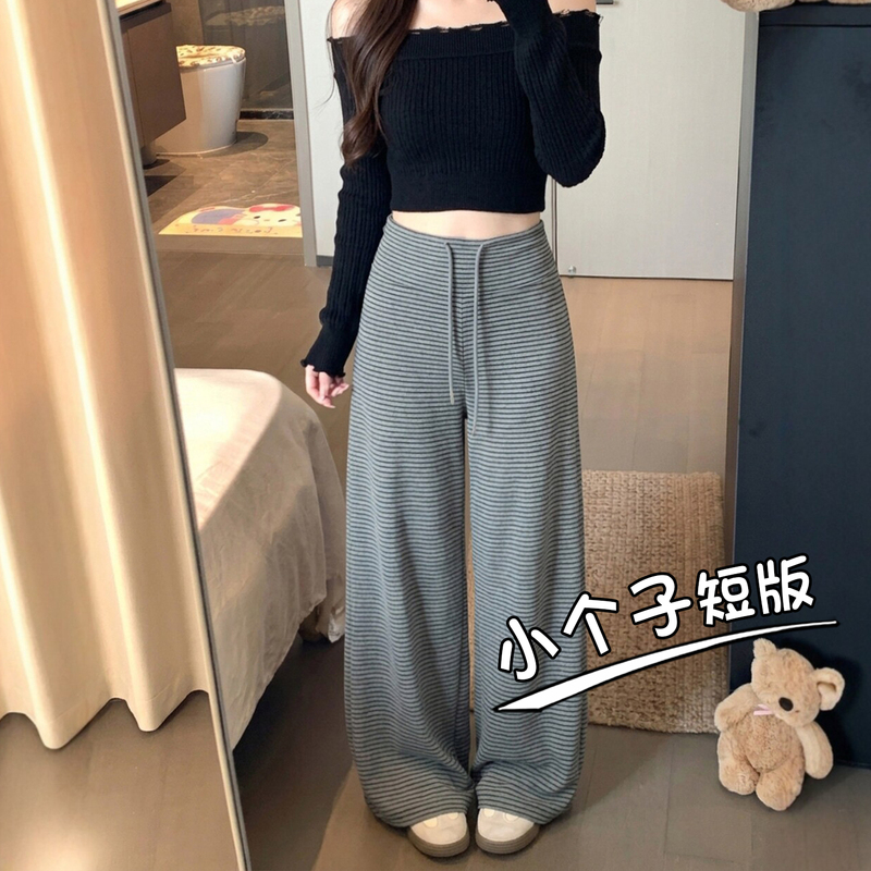 Petite 145cm Relaxed Striped Casual Pants for Women, Autumn High-Waisted Drapey 150cm Drawstring Straight Wide-Leg Pants Petite 145cm Relaxed Striped Casual Pants for Women, Autumn High-Waisted Drapey 150cm Drawstring Straight Wide-Leg Pants