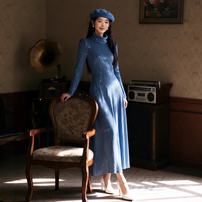 Velvet Hepburn-Style Warm Party Dress 290 Blue New Year Christmas Velvet Fleece-Lined Long Skirt Thick