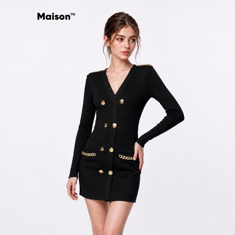 Tweed Style V Neck Knitted Dress for Women with Gold Double-Breasted Chain, Elegant Waist-Cinching, Slimming Long-Sleeved Hip-Hugging Dress