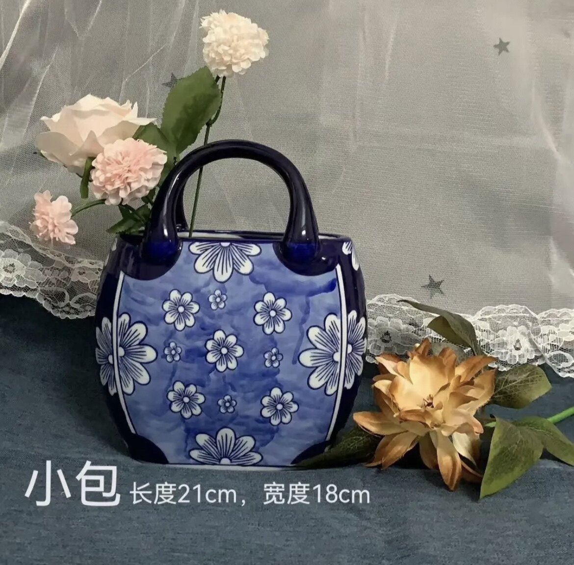 Green Flowers Creative Ceramic Ware Bag Vase Swing Piece Decorations Handicraft Bogu Shelf-Taobao