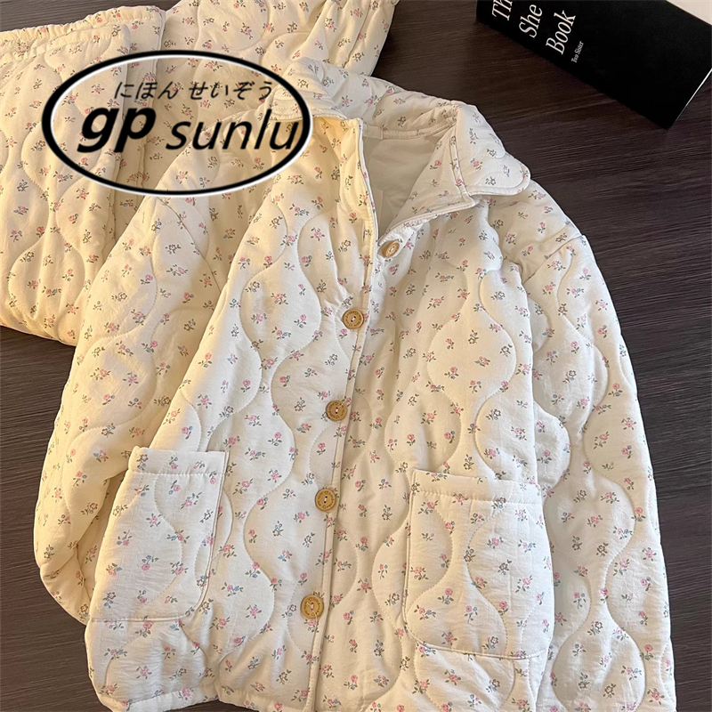 Japanese Gp Cute Floral Quilted Pajamas for Women, Winter Thickened Warm Sweet Air Cotton Loungewear Set