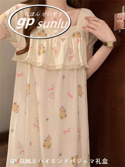 日本GP可爱卡通短袖睡裙女夏季薄款甜美防凸点睡衣长款学生家居服