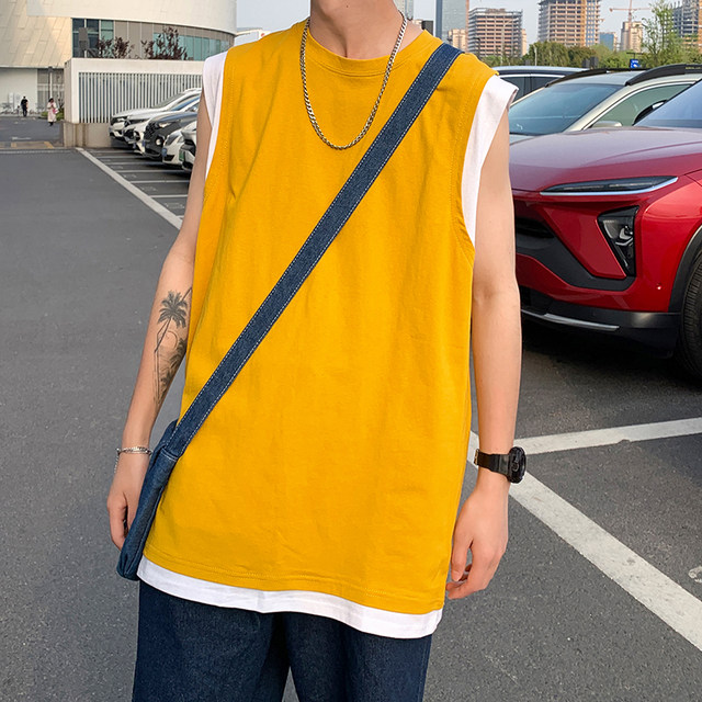 Summer fake two-piece sweat vest men's style Japanese handsome loose casual sports waistcoat round neck pure cotton sleeveless top