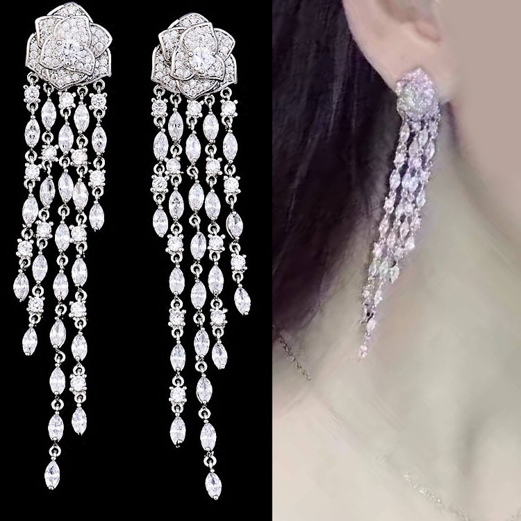 925 sterling silver long tassel earrings zircon camellia earrings flower exaggerated earrings super flash dress accessories