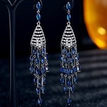 Flag Gown Gown EAR ACCESSORIES Retro Long Style Stream Suearrings Temperament Blue Crystal Large Earrings S925 Pure Silver Anti-Allergy