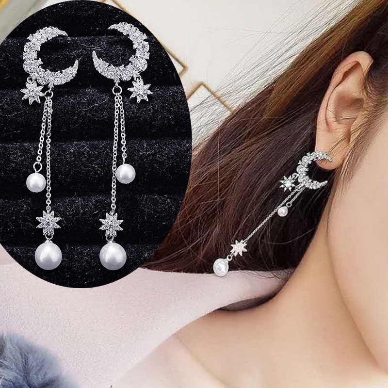 925 sterling silver earrings temperament female Japanese and Korean earrings personality long tassel star moon earrings pearl earrings hypoallergenic