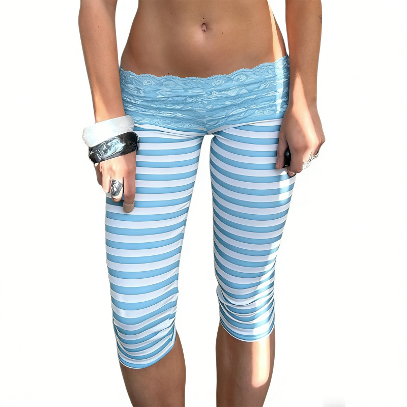 Cross-Border Plus-Size Gal Style Hot Girl Y2K Striped Lace Low-Waist Elastic Slim-Fit Slimming Capri Pants for Outerwear Leggings