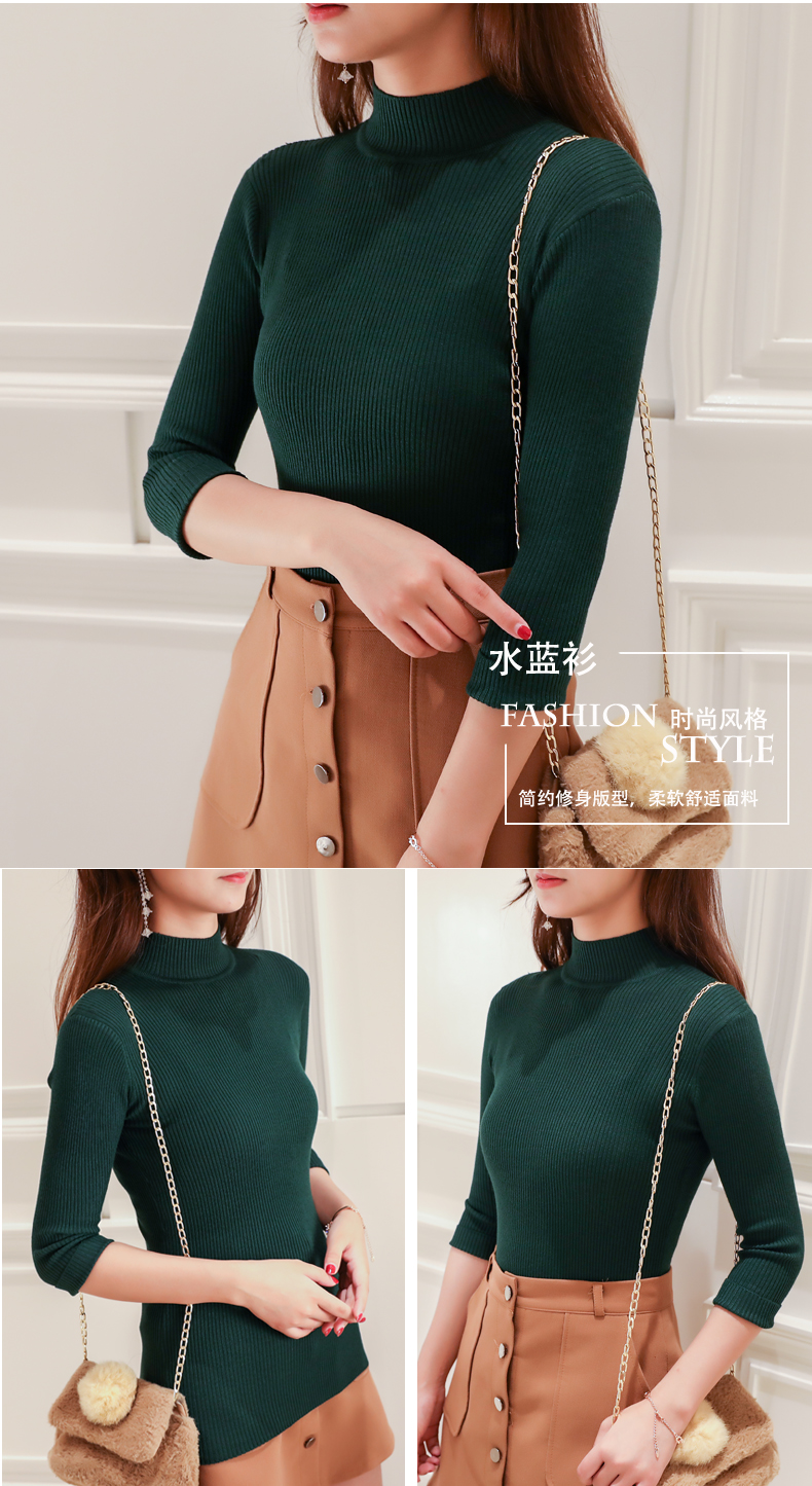 Mùa thu nửa cao cổ áo len mỏng của phụ nữ áo thun ngắn co giãn đáy áo sơ mi bảy điểm tay áo len bó sát hoang dã áo khoác len nữ