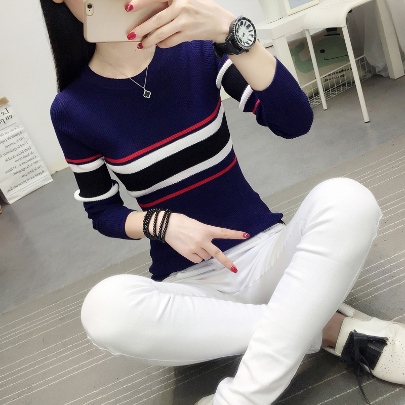 Áo len nữ mùa thu 2018 Mới dệt kim sọc cao cổ nữ tay áo dài mỏng mỏng mỏng ngắn áo len đáy áo cardigan