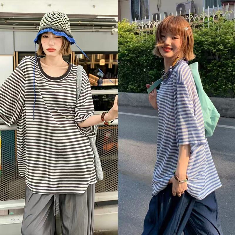 High Temperature Must-Have~26 Summer Ultra-Thin Striped Snowflake Cotton Cool and Refreshing Sun-Protective Short-Sleeve T-Shirt