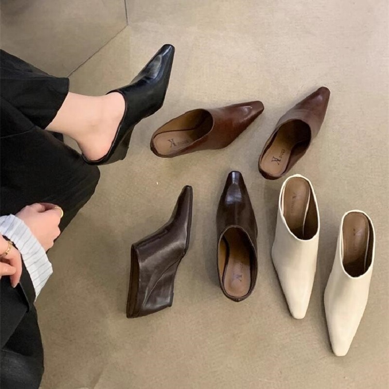 European and American Style Half-Slippers for Women, Soft Leather, Small Square Toe, Wedge Heel, High-Heeled Sandals, Fashionable Outdoor Wear, Chunky Heel, Slip-On Mules