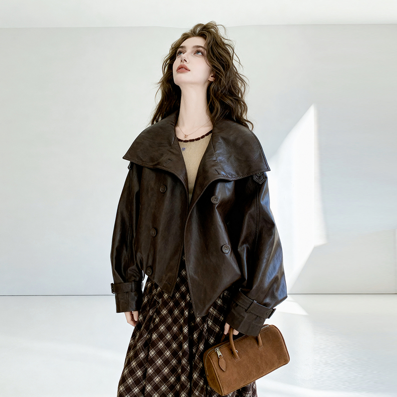 Hong Kong Style Retro Coffee-Colored Lapel Short Leather Jacket for Women, 2026 Autumn New Style, Petite Cool and Stylish Jacket