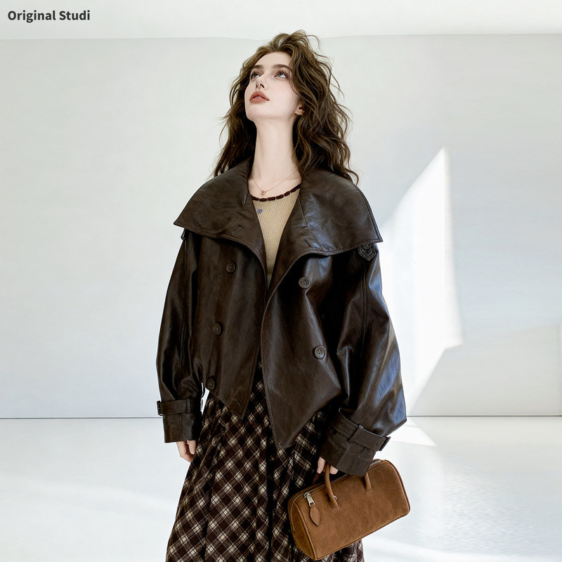 Hong Kong Style Retro Coffee-Colored Lapel Short Leather Jacket for Women, 2026 Autumn New Style, Petite Cool and Stylish Jacket