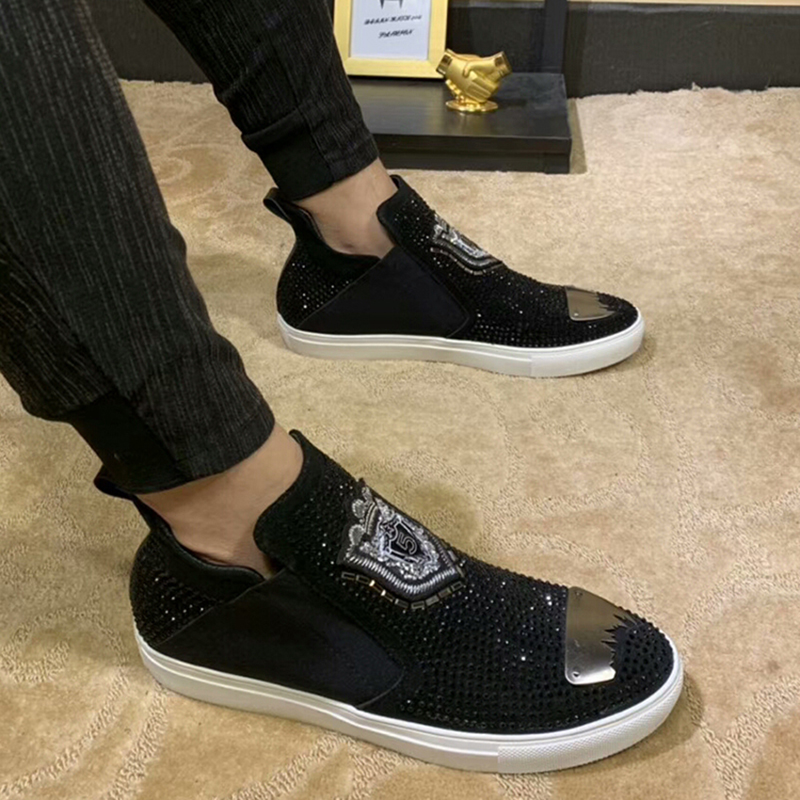 European station autumn and winter casual trendy shoes rhinestone men's shoes fashion embroidery high-top sneakers Korean version trend breathable short boots