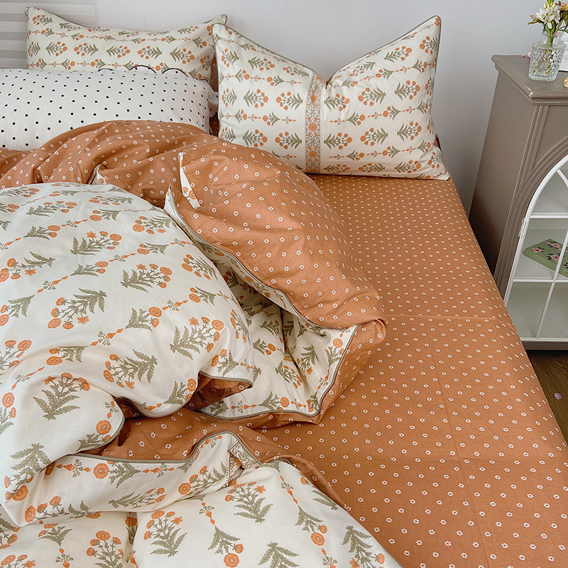 (Home Pose) Art retro small crushed flower pure cotton double man bed goods four pieces of ZD sheet quilt cover kit