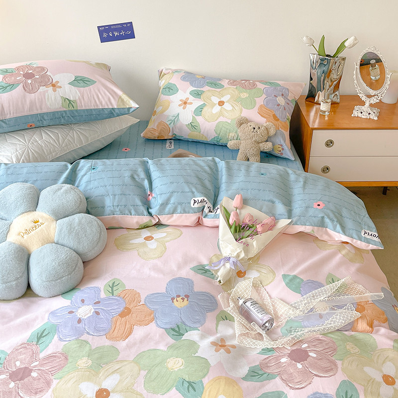 (Home Pose) cute oil painting Wind pure cotton full cotton bed goods Double four sets of students Three sets KK