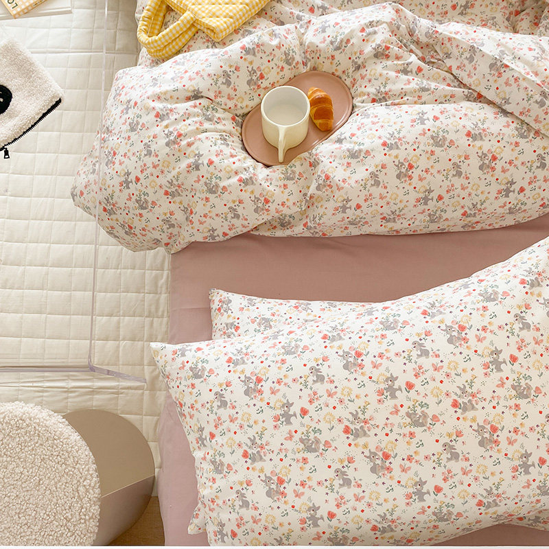 (House Posture) Pure Cotton Twill 40 Count Yarn SS Double Bedding Four-piece Set Bed Sheet Fitted Sheet Cute