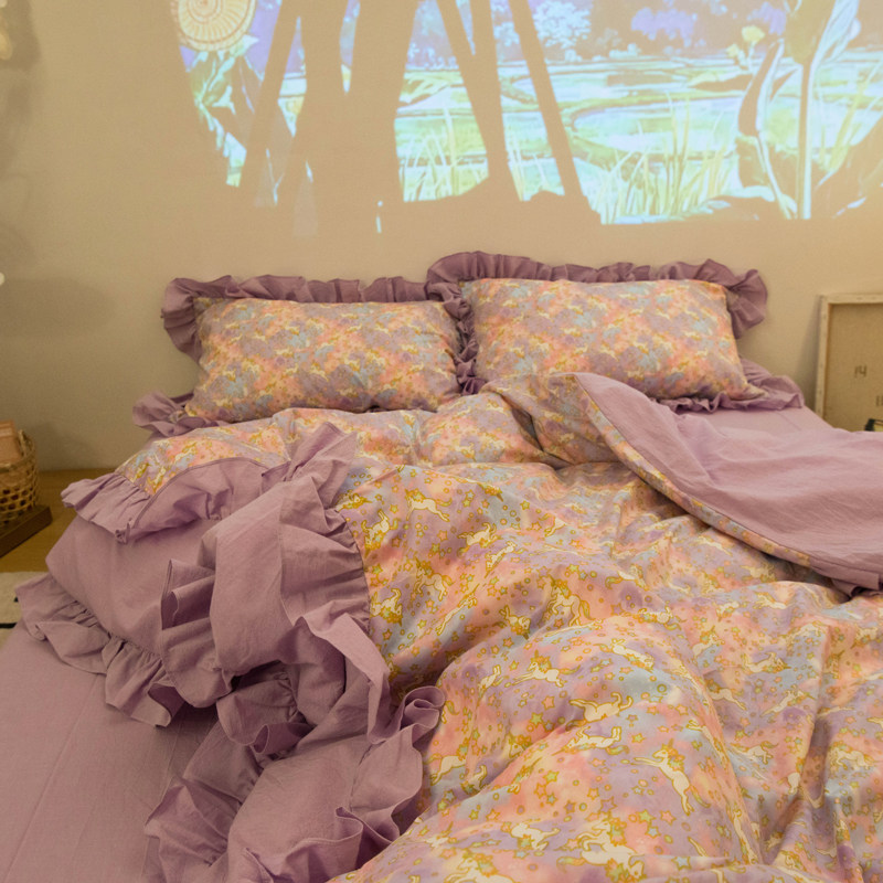 (Home Position) Dream Unicorn Purple Cute Cotton Twill Bedding Four-piece Set Sheet YU Cotton