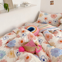 (homestead) pure cotton twill with fresh pink powder tender single double man bed tasting four pieces TT full cotton oil painting flowers