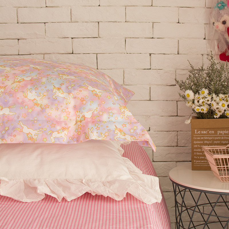 (house posture)Japanese-style cartoon cotton pure cotton student dormitory three-piece fairy bed sheet BJ powder pink unicorn