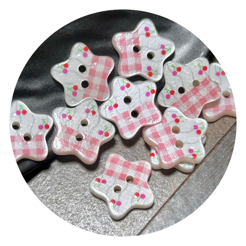 Cute Girly Star Buckle Pink and White Plaid Cherry Pattern DIY Hair Tie Hairpin Sweater Cardigan Resin Buckle