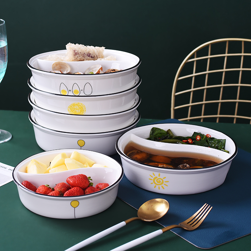 Creative Ceramic Divided Bowl, Household Soup Bowl, Double-Compartment Noodle Bowl, Fruit Salad Bowl, Yin-Yang Bowl, Microwave-Safe