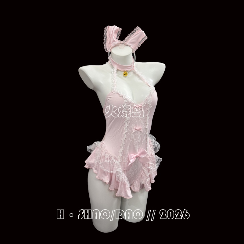 Fire Island Original Design Sexy Pure Desire Soft Cute Pink Rabbit One-Piece Qqny Lingerie Set