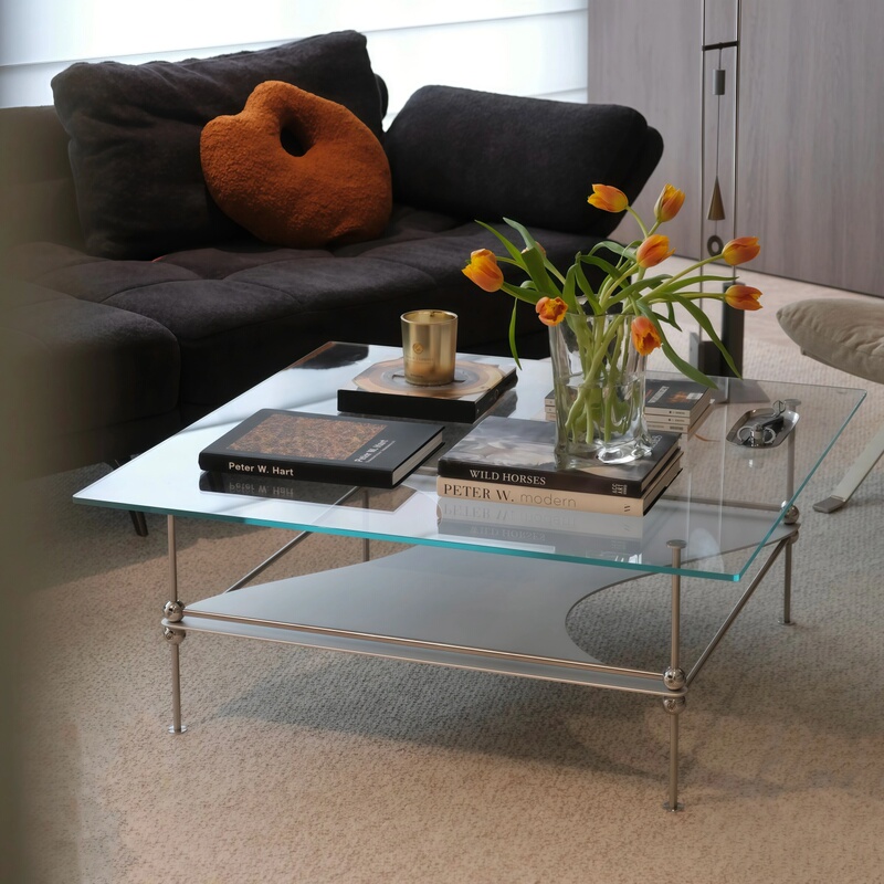 Original Design Glass Coffee Table, Square Transparent Coffee Low Table, Stainless Steel Small Apartment Bauhaus Style Side Table