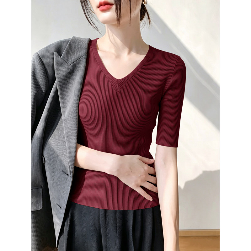 Sandro Hepburn Autumn and Winter Mature Style V-Neck Slim-Fit Knit Sweater for Women, Mid-Sleeve Cashmere Fashion Top Sandro Hepburn Autumn and Winter Mature Style V-Neck Slim-Fit Knit Sweater for Women, Mid-Sleeve Cashmere Fashion Top