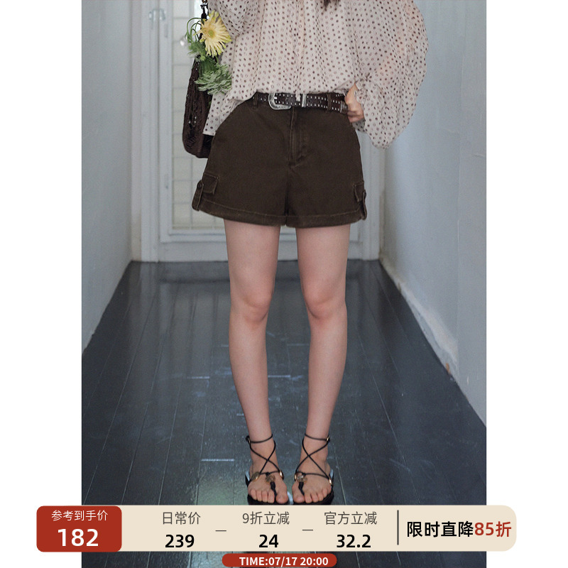 【7/17 20:00 New Product】Workwear-Style Pocket Cuffed Pure Cotton Brown Shorts for Women, Slimming and Breathable Pants for Summer
