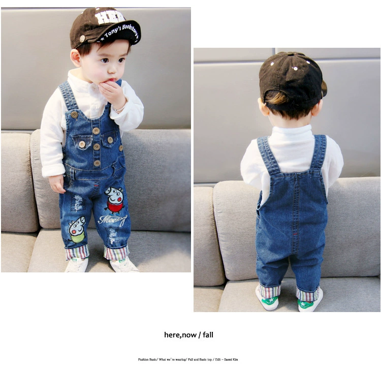 18 mùa xuân mới bé denim trẻ em dây đeo quần 0-3 tuổi bé trai và bé gái quần nhung kẻ sọc quần đồ bơi cho bé gái