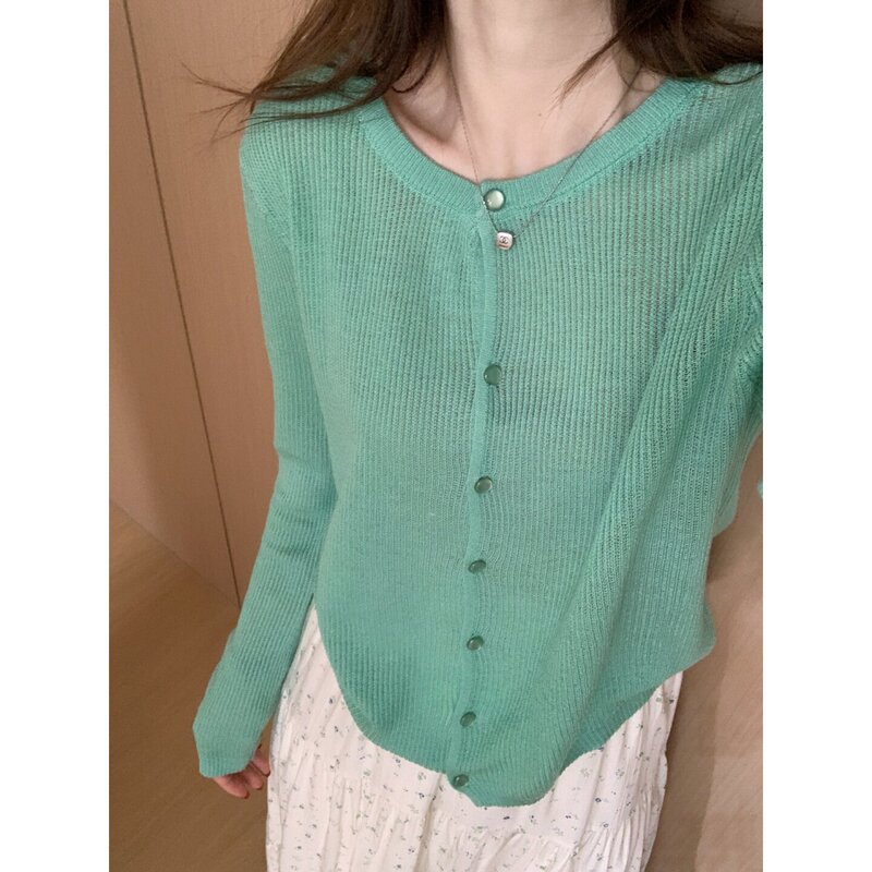 In Addition, Spring and Summer Candy-Colored, Simple, Thin, Long-Sleeved, Regular Round-Neck, Soft and Cozy Cardigans for Air-Conditioned Rooms