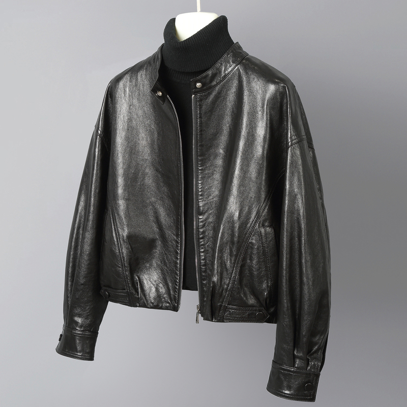 Hepburn Oil Wax Sheepskin Genuine Leather Jacket for Women, Short Stand Collar Biker Jacket, Loose Leather Jacket, 2025 New Model