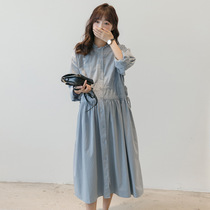Pregnant womens dress long spring new Korean fashion long sleeve tide mom loose temperament over knee collar maternity dress