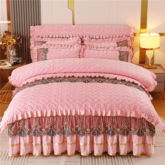 Juego de colcha estilo faldón de cuatro piezas con terciopelo cristal que no se decolora