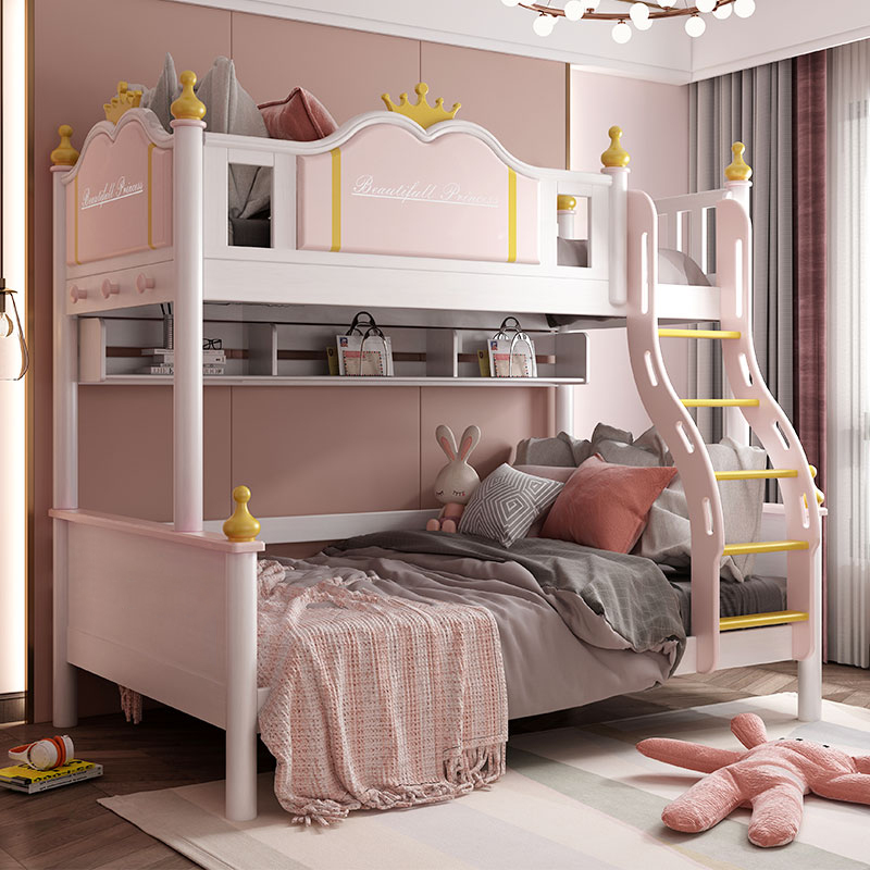 High and low bed bunk bed all solid wood children's mother bed two-story bunk staggered pink princess bed and bed