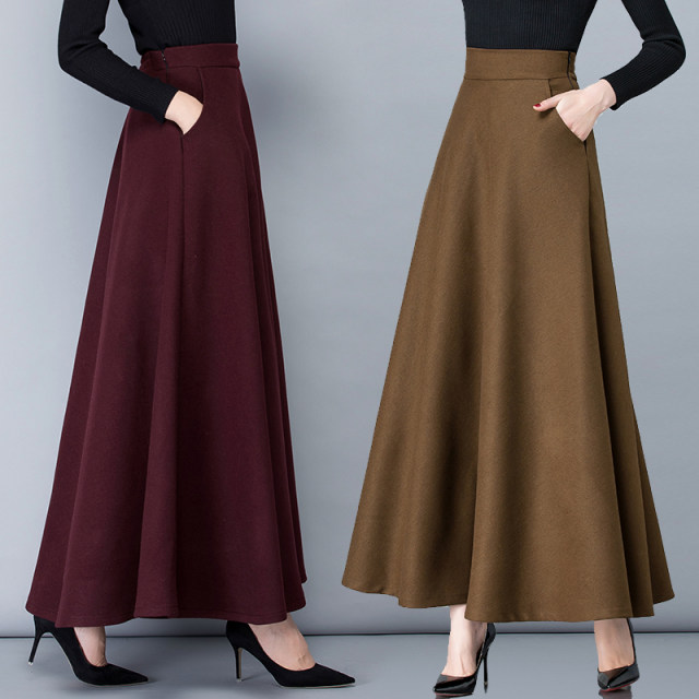 Burgundy woolen skirt winter Korean style woolen high waist skirt wool plaid slimming skirt women's long skirt