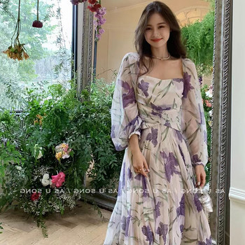 Large-size withdrawn women's French purple floral pleated chiffon dress women's summer delicate platycodon tea break skirt